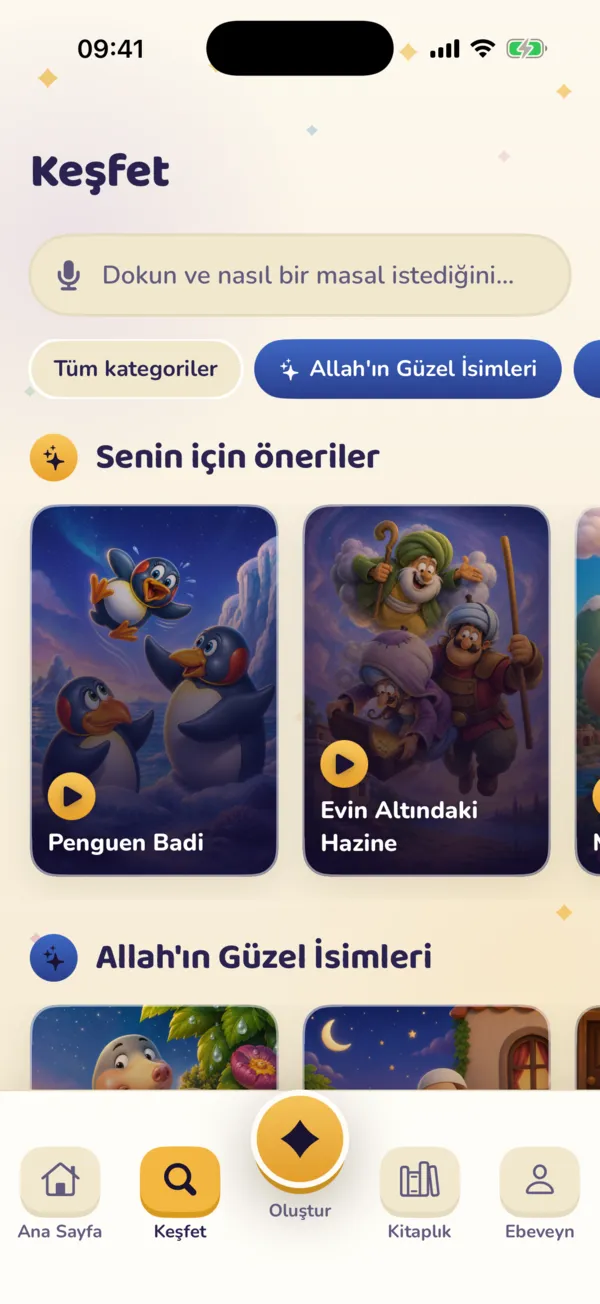 Keşfet ekranı: seriler ve masal kartları