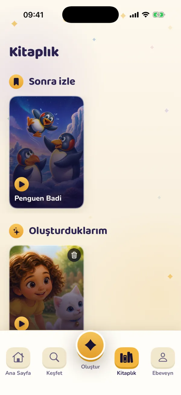 Kütüphane: sonra izle listesi ve oluşturulan masallar